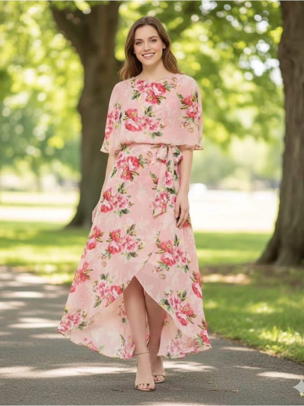 🌷Jessica Howard Floral Print Hi-Low Angel Sleeve Maxi Dress 10P🌷